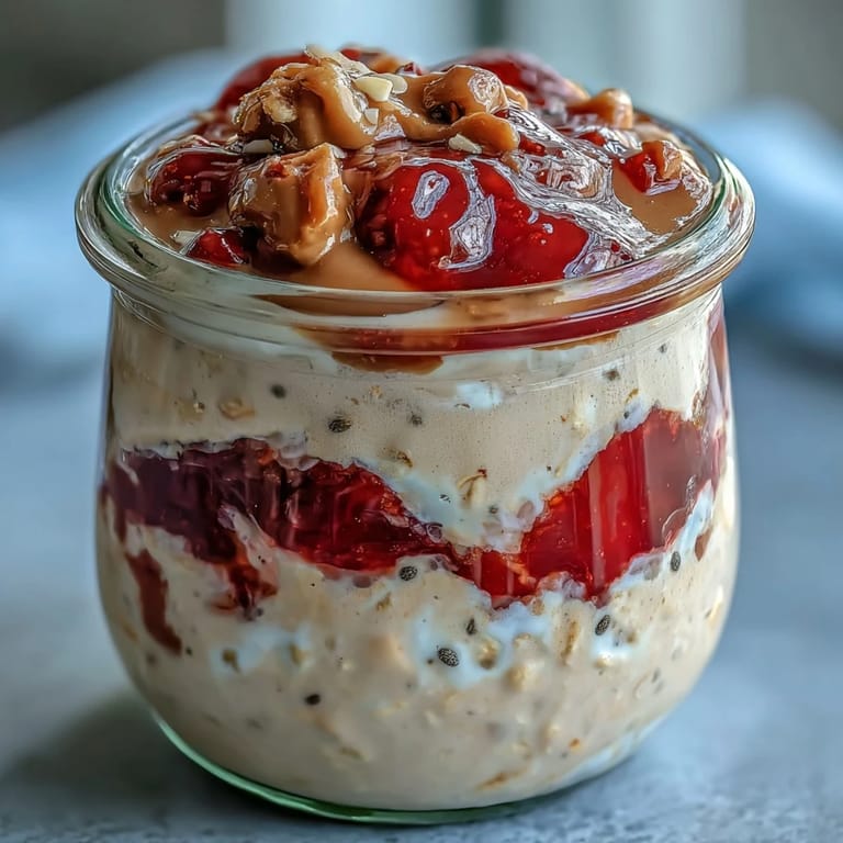 Creamy vanilla oats swirled with vibrant strawberry jam and a rich peanut butter drizzle for a nutritious breakfast.