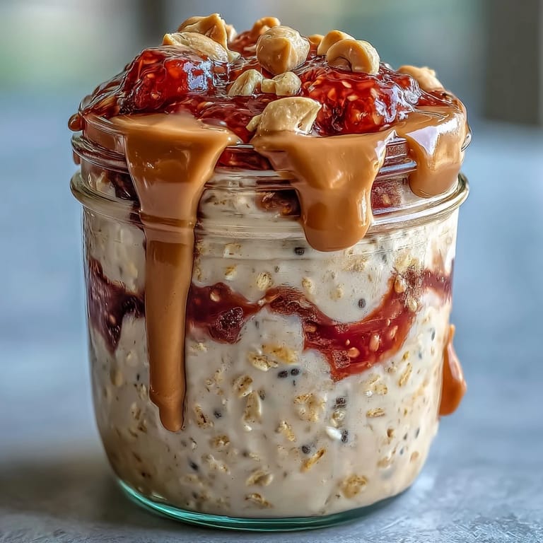 Stunning breakfast jars of High-Protein Peanut Butter & Jelly Overnight Oats with crushed peanuts and a shiny jam layer.