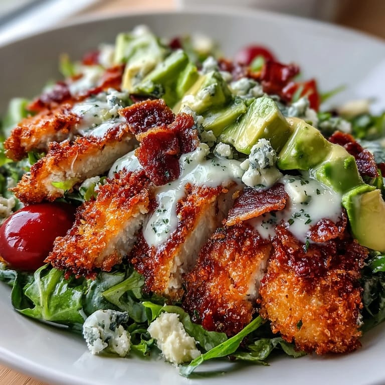 Freshly prepared Parmesan Crusted Chicken Cobb Salad showcases colorful vegetables and a tangy homemade red wine vinaigrette.