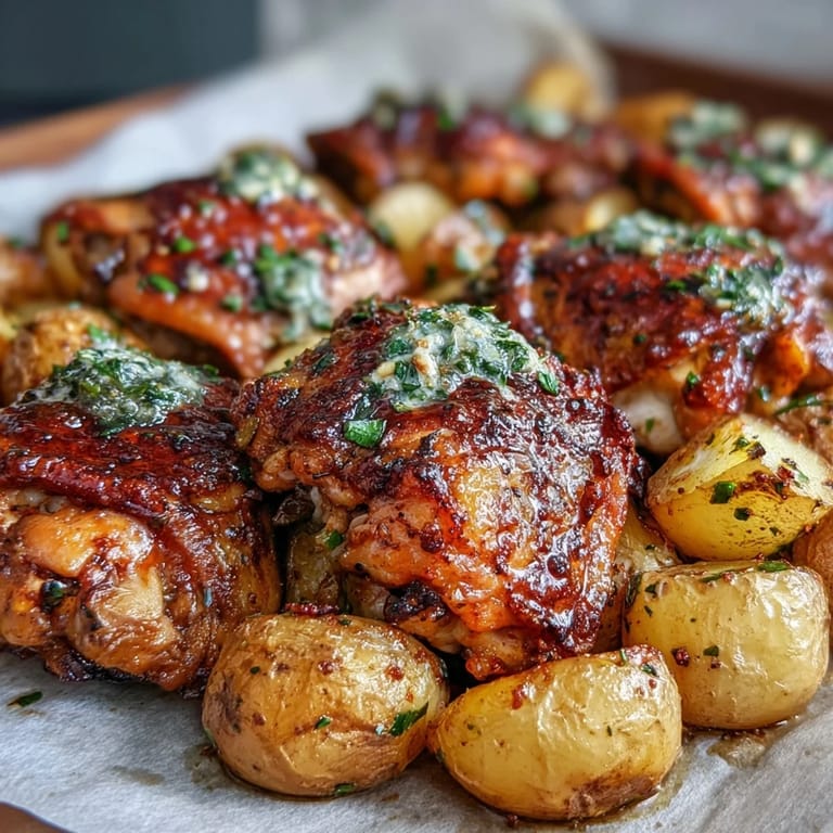 Family-style serving of Crispy Ranch Sheet Pan Chicken & Veggies with crispy skin, glazed carrots, and potatoes, ready to enjoy.
