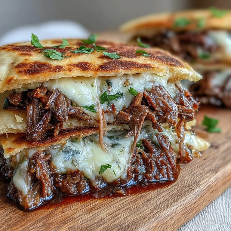 Tender pot roast melts into soft garlic naan, layered with provolone and mozzarella, served alongside a rich, savory dipping sauce.