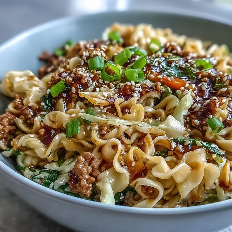 A close-up of Creamy Potsticker Noodle Stir-Fry, ramen noodles glistening with peanut butter soy sauce, topped with toasted sesame seeds and green scallions.