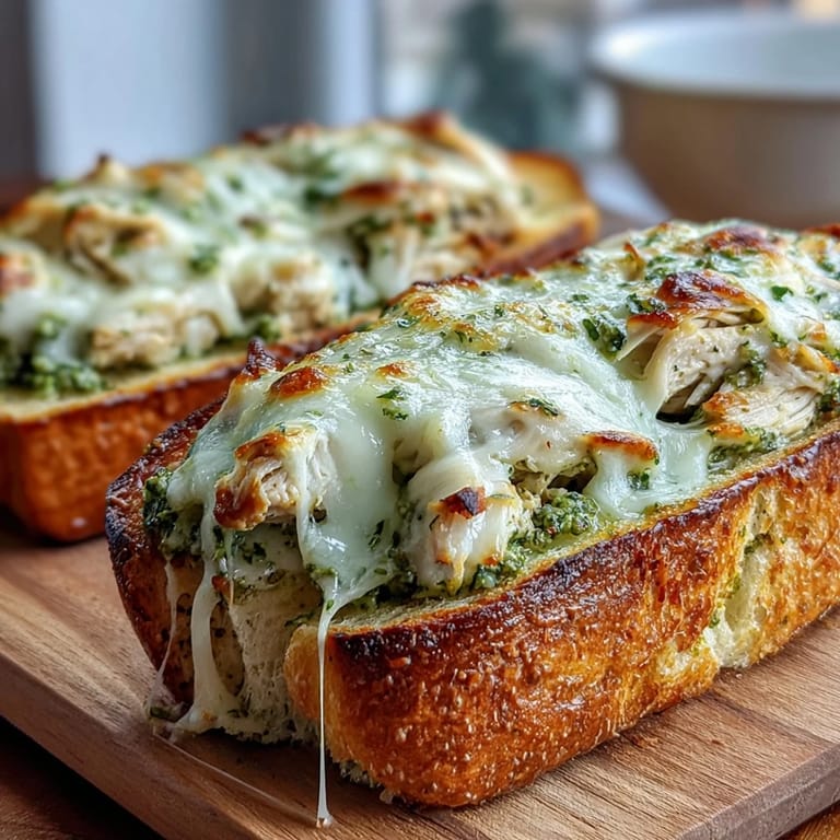 Golden toasted bread holds a creamy pesto chicken filling, topped with bubbling melted cheese.