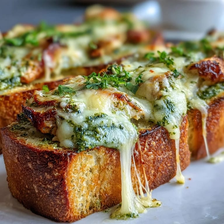 Serve Pesto Chicken Garlic Bread Boats sliced as a savory appetizer or hearty dinner.