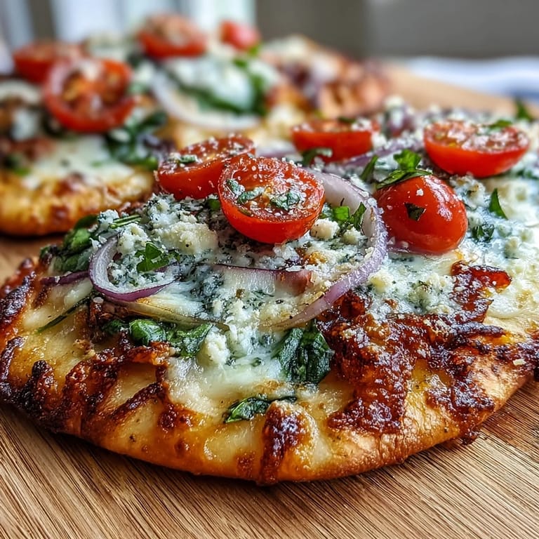Golden Crispy Garlic Parmesan Naan Pizza with fresh spinach, red onion, and basil, cut into serving slices.