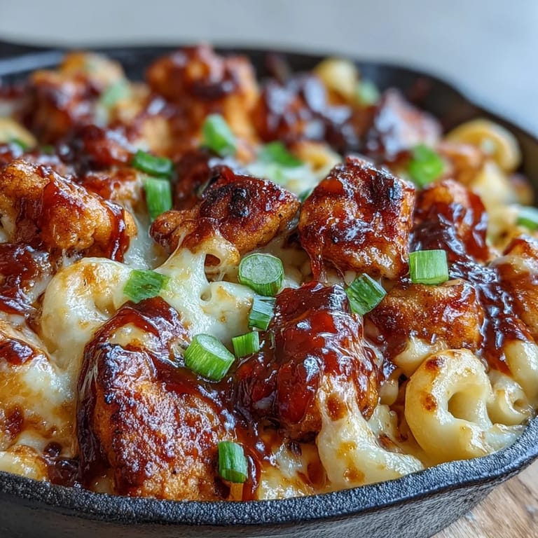 Bite-sized chicken coated in sticky sweet BBQ sauce tossed with elbow macaroni and melty three-cheese sauce, served bubbling hot right from the skillet.