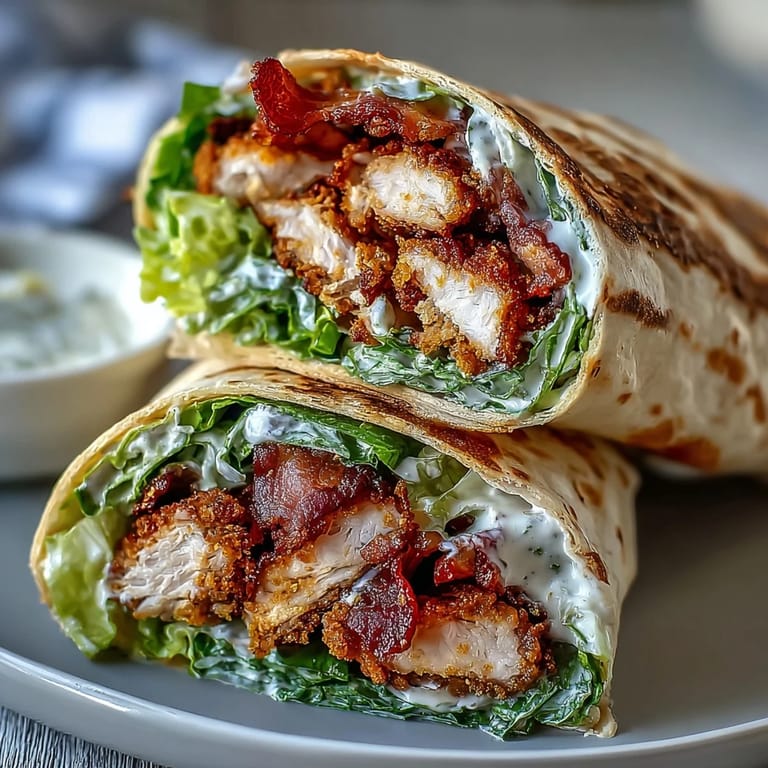Crispy Chicken Bacon Caesar Wraps with golden fried chicken thighs and smoky bacon on a soft tortilla, ideal for easy weeknight dinners.