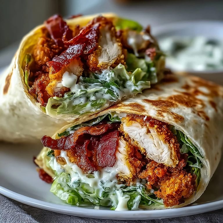 Four Crispy Chicken Bacon Caesar Wraps sliced in half on a plate, drizzled with creamy Caesar dressing and sprinkled with Parmesan cheese.
