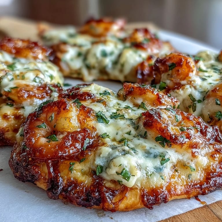 Four individual Garlic Butter Shrimp Naan Pizzas broiled to golden perfection, featuring plump shrimp and gooey mozzarella on toasted naan bread.