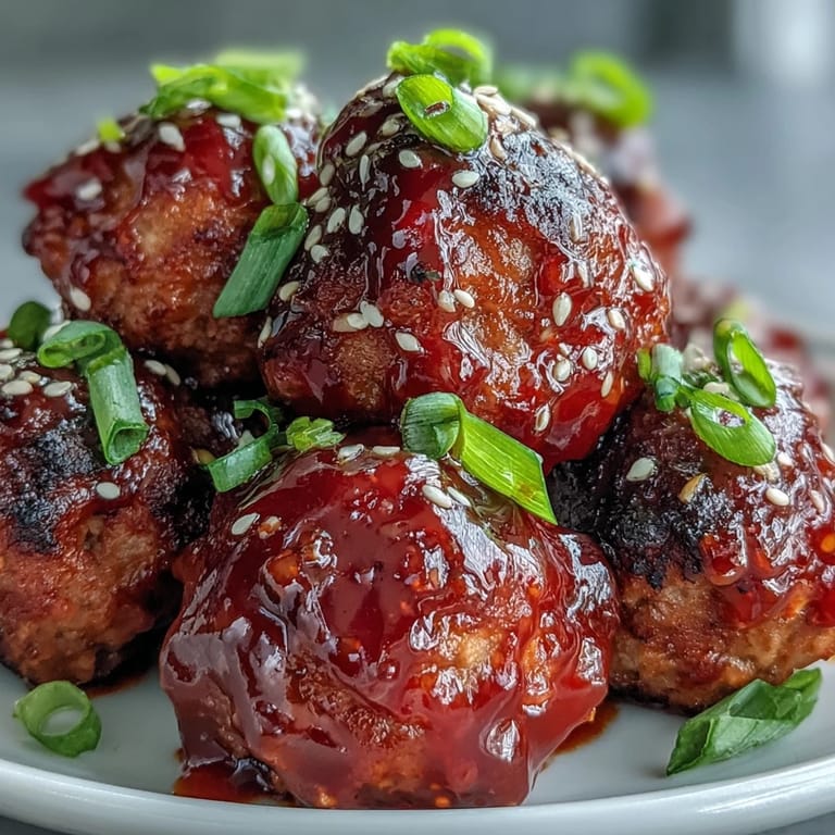 Tender Spicy Chili Honey Turkey Meatballs topped with sesame seeds and fresh cilantro for garnish.