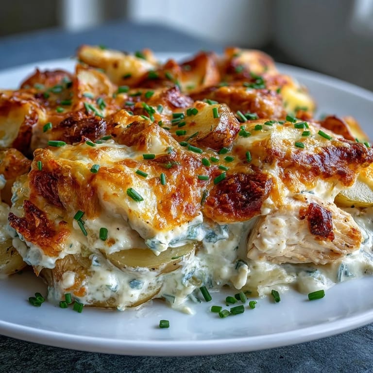 The Creamy Ranch Chicken Potato Bake fresh from the oven, highlighting the rich ranch cream sauce and golden brown crust in a baking dish.