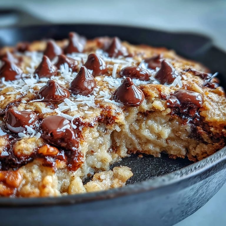 Warm Chunky Monkey Oatmeal Cookie Skillet served straight from the oven with a scoop of vanilla ice cream melting over the edges.