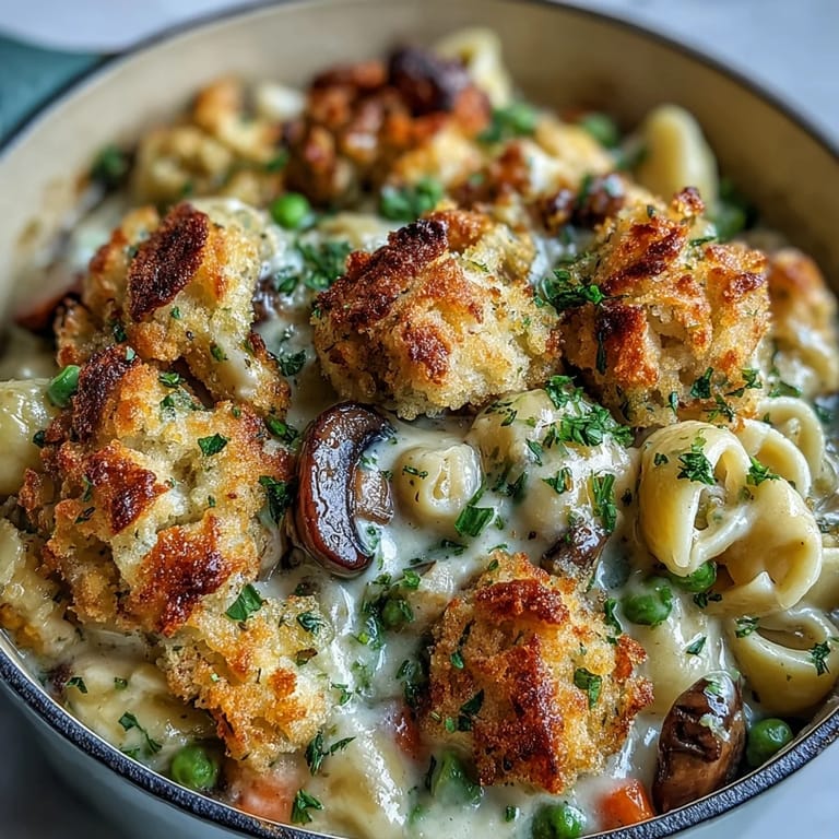 A close-up of creamy veggie pot pie pasta with buttery biscuit topping in a cast-iron skillet.