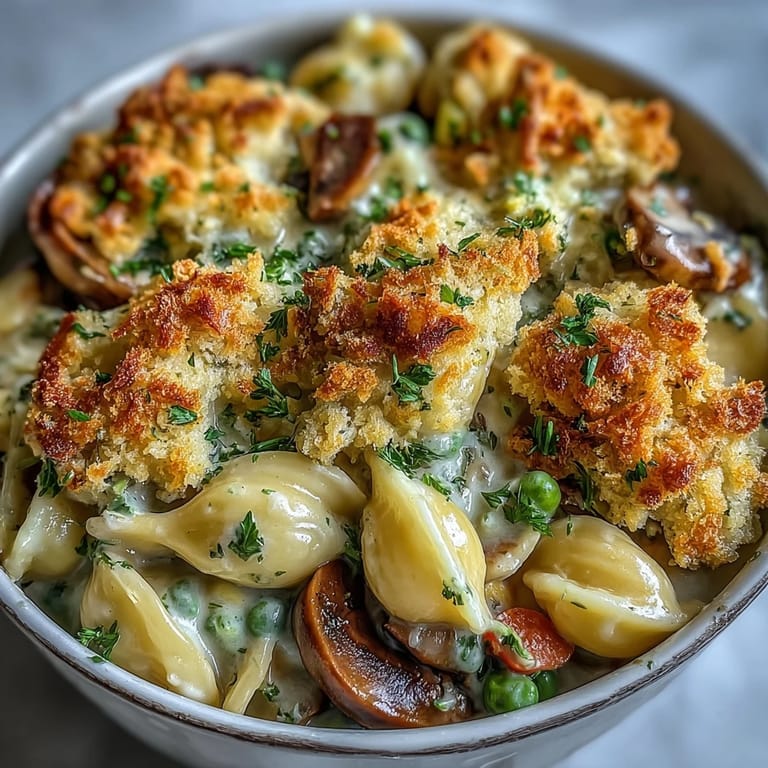 Bubbling hot creamy veggie pot pie pasta fresh from the oven, ready to serve for dinner.