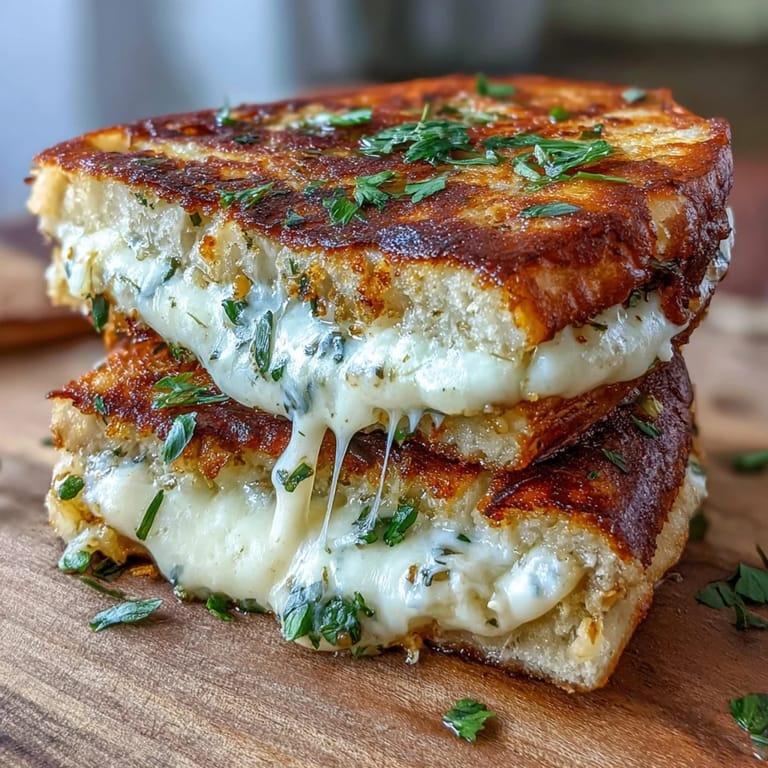 A warm slice of Brown Butter Garlic Naan Grilled Cheese reveals gooey mozzarella and aromatic garlic butter.