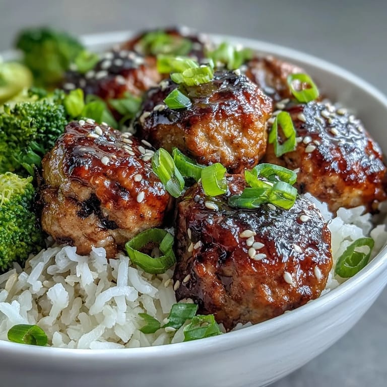 Tender glazed turkey meatballs resting on fluffy rice next to crisp steamed broccoli in a Honey Garlic Turkey Meatball Bowl.