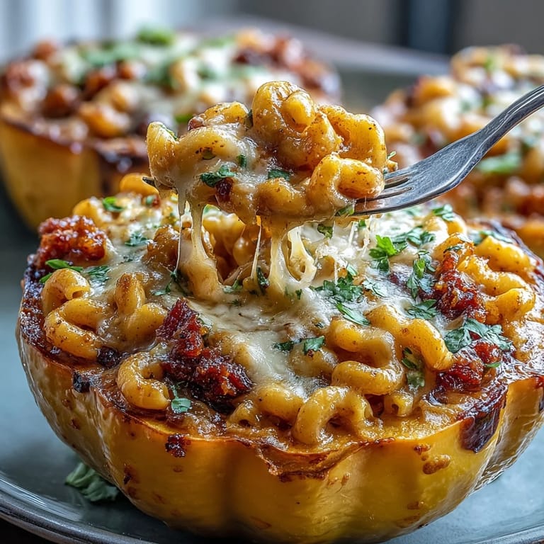 Close up on Hot Honey Chili Mac Stuffed Squash, showing tender squash boat edges and steam rising from the cheesy chili mac.