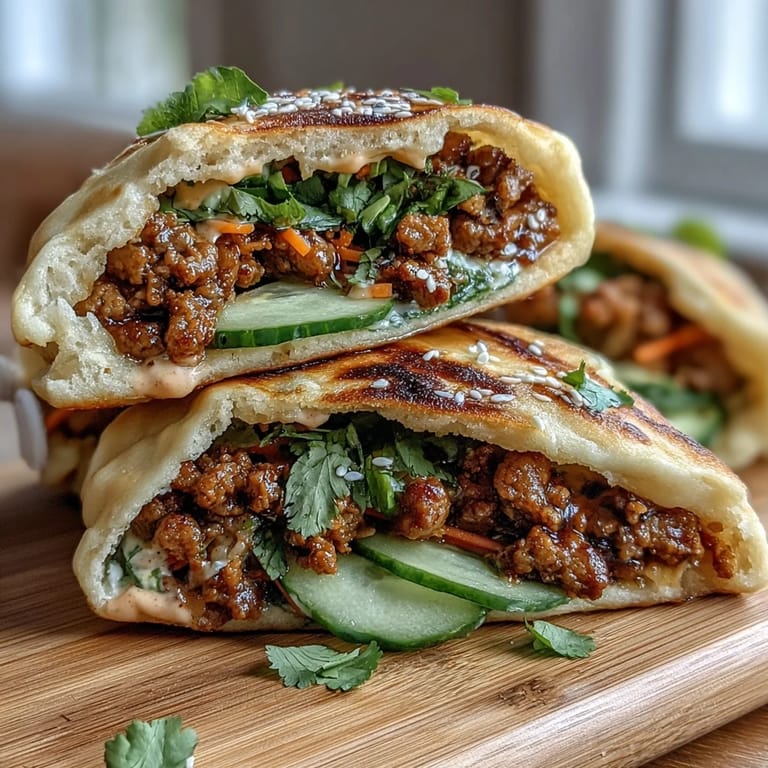 Freshly assembled Korean turkey stuffed naan pockets, packed with shredded carrots and juicy ground turkey, ready for a fusion lunch.