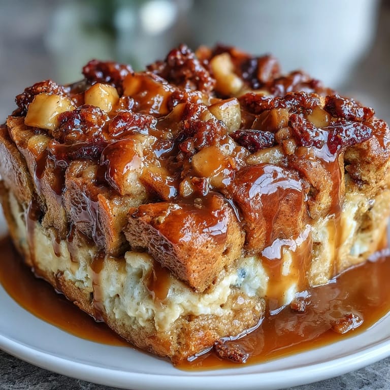 Freshly baked Caramel Apple Cheesecake Bread Pudding is scooped from a 9x13-inch dish, revealing creamy custard, tender apples, and rich bread chunks.