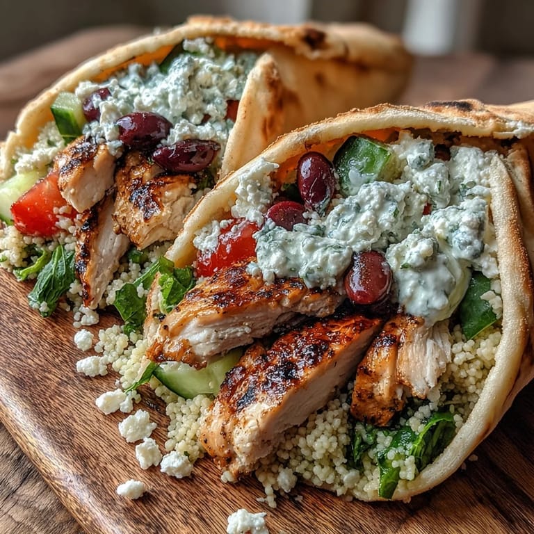 Greek Chicken Feta Stuffed Pitas filled with juicy sliced chicken, diced cucumber, cherry tomatoes, and a generous swirl of cool, creamy tzatziki sauce.