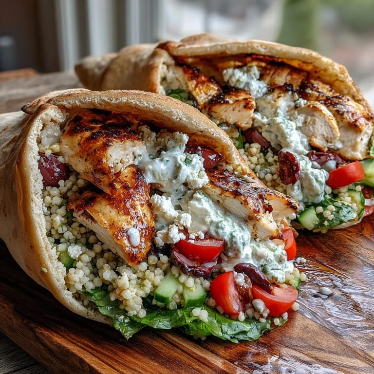 Golden-brown pita halves stuffed with tender marinated chicken, tangy feta, and Greek couscous salad, served on a rustic plate with lemon wedges.