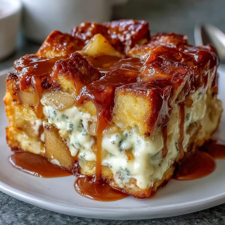 Freshly baked Caramel Apple Cheesecake Bread Pudding is scooped from a 9x13-inch dish, revealing creamy custard, tender apples, and rich bread chunks.