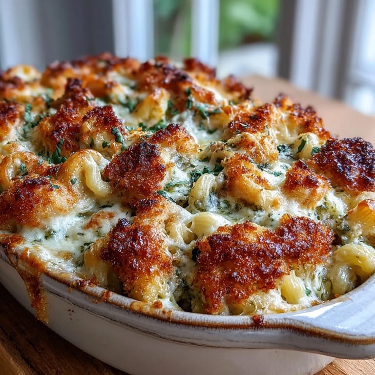Spoonful of creamy pesto chicken mac & cheese revealing tender pasta, juicy chicken, and herbs. 