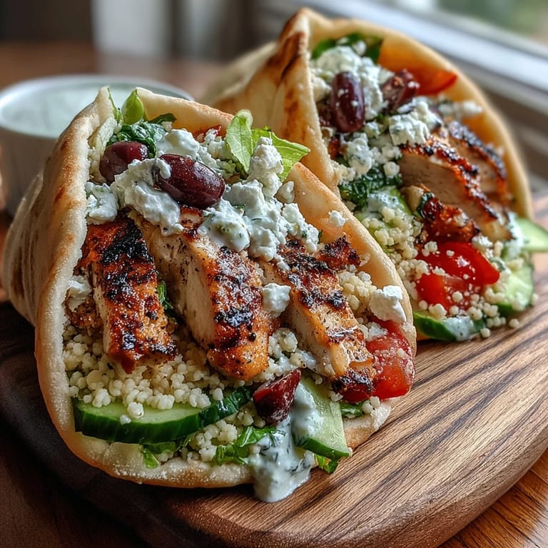 Golden-brown pita halves stuffed with tender marinated chicken, tangy feta, and Greek couscous salad, served on a rustic plate with lemon wedges.