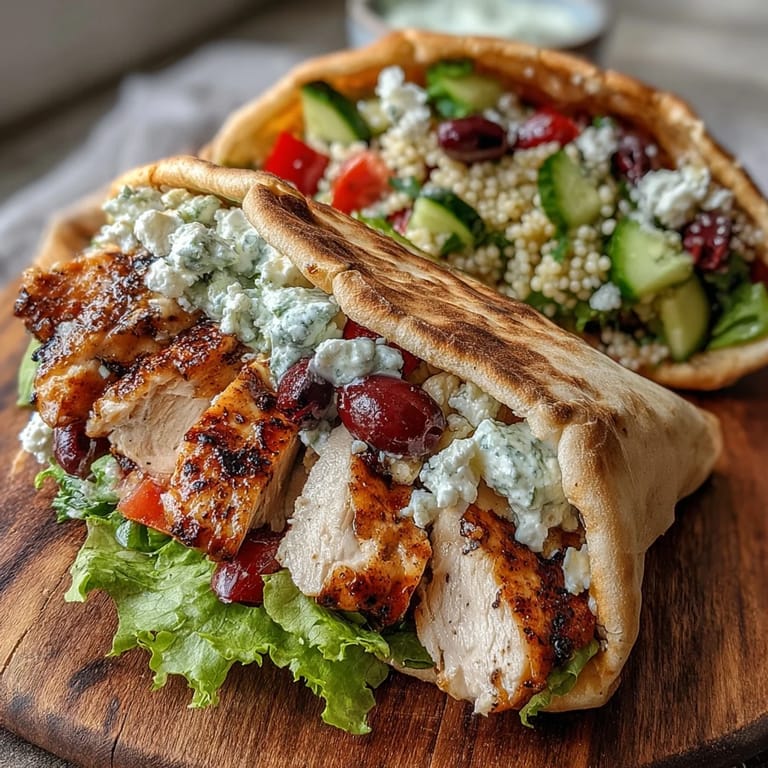 Greek Chicken Feta Stuffed Pitas filled with juicy sliced chicken, diced cucumber, cherry tomatoes, and a generous swirl of cool, creamy tzatziki sauce.