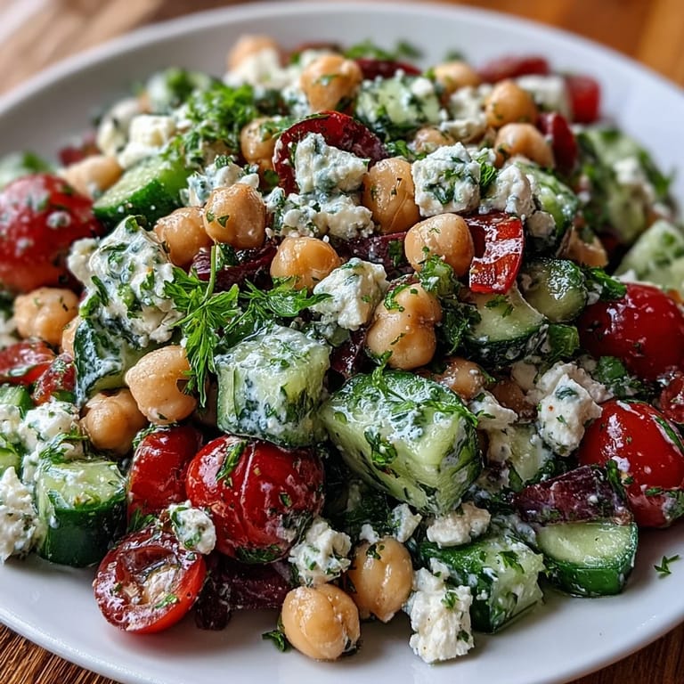 A colorful Mediterranean Chickpea Salad with Cucumber and Feta, featuring fresh vegetables, tangy feta, and zesty vinaigrette for a refreshing vegetarian meal.