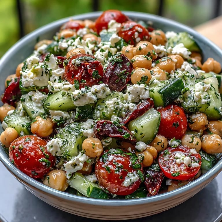Vibrant Mediterranean Chickpea Salad with Cucumber and Feta - A protein-packed, gluten-free dish bursting with crisp veggies, crumbled feta, and lemony herb dressing.