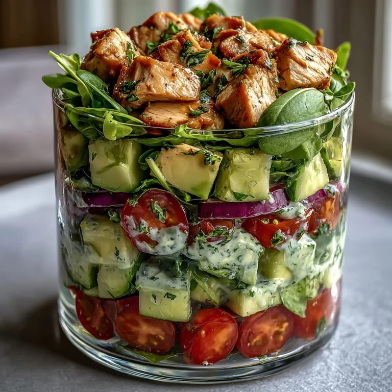 Layered mason jar salad featuring keto avocado chicken salad with cherry tomatoes, cucumber, and zesty lime dressing for a fresh meal.