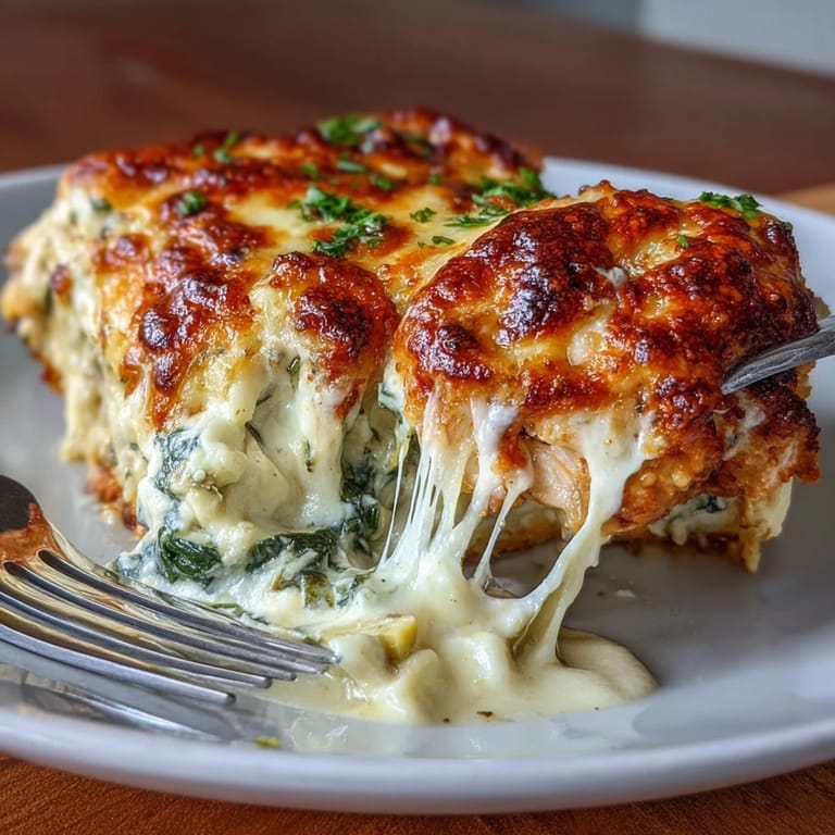 Golden baked keto spinach artichoke chicken with melty mozzarella and Parmesan, served hot from the oven.