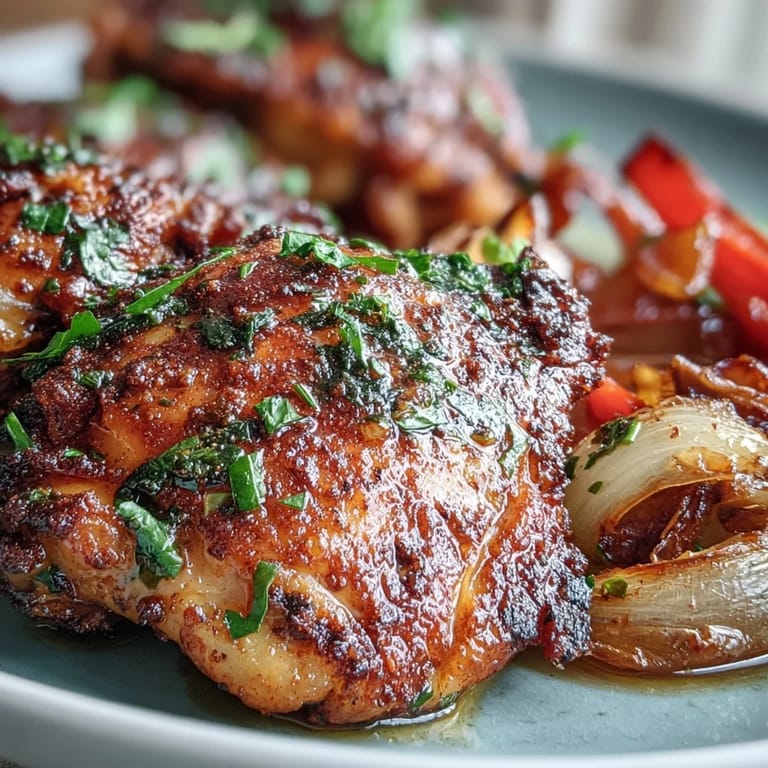 Golden, crispy-skinned chicken thighs seasoned with paprika, surrounded by tender roasted peppers and onions on a baking sheet.