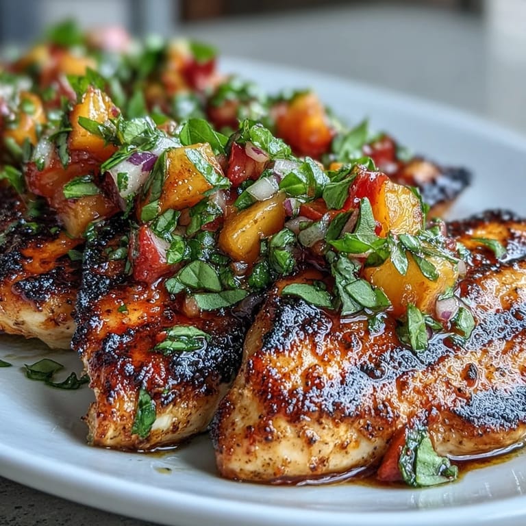 Flavorful grilled chicken paired with a colorful peach basil salsa, combining juicy peaches, crisp veggies, and aromatic herbs.