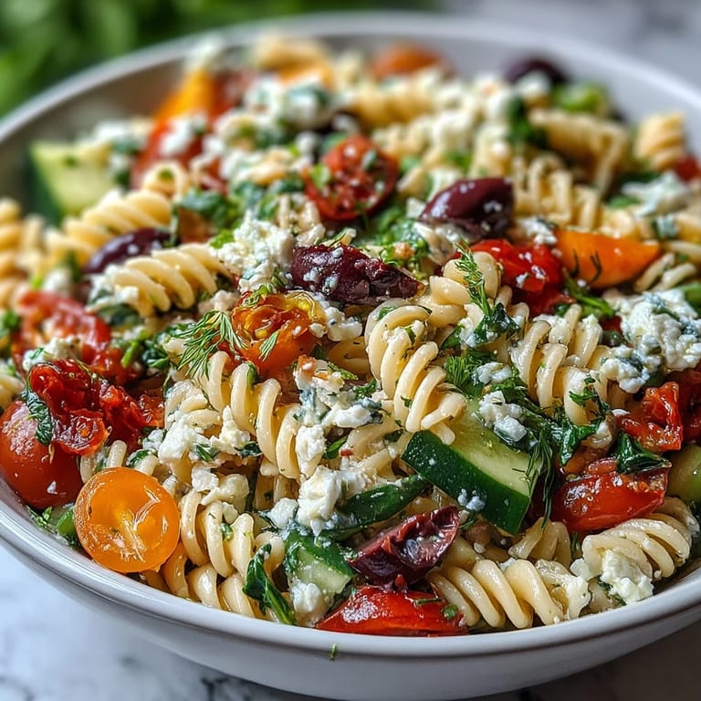 Light and refreshing Summer Slim Greek Pasta Salad with extra veggies, olives, and whole grain pasta, perfect for picnics and healthy lunches.