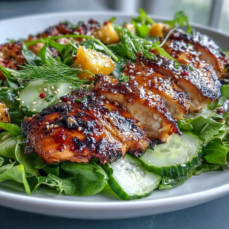 Mango Green Tea Grilled Chicken Salad with Sesame Seeds: Vibrant salad with grilled chicken, fresh mango, and mixed greens, drizzled with a tangy dressing and sprinkled with crunchy sesame seeds.