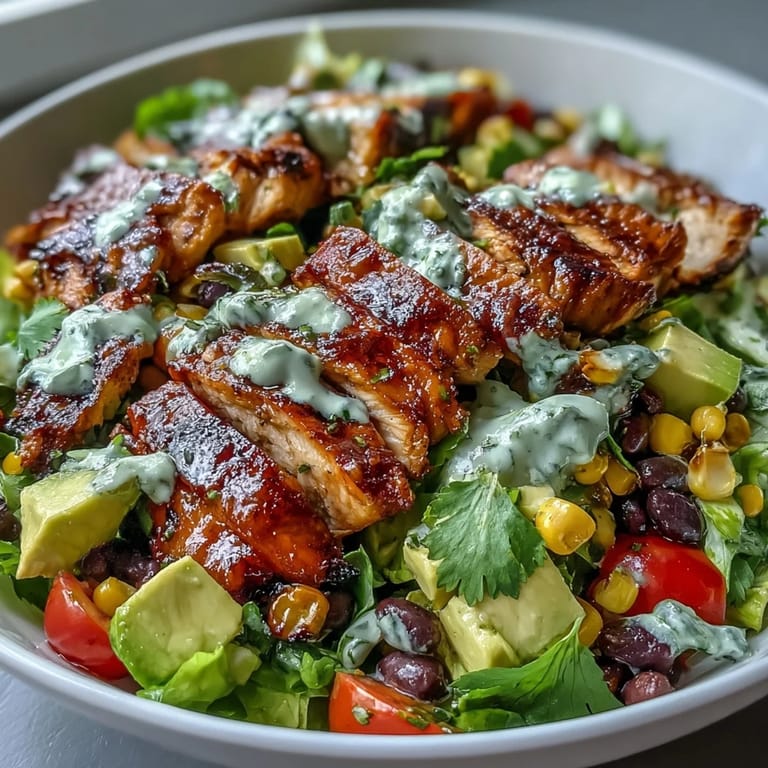 A protein-packed Southwest salad featuring tender grilled chicken, black beans, and sweet corn, finished with creamy avocado and a tangy lime-cilantro dressing.