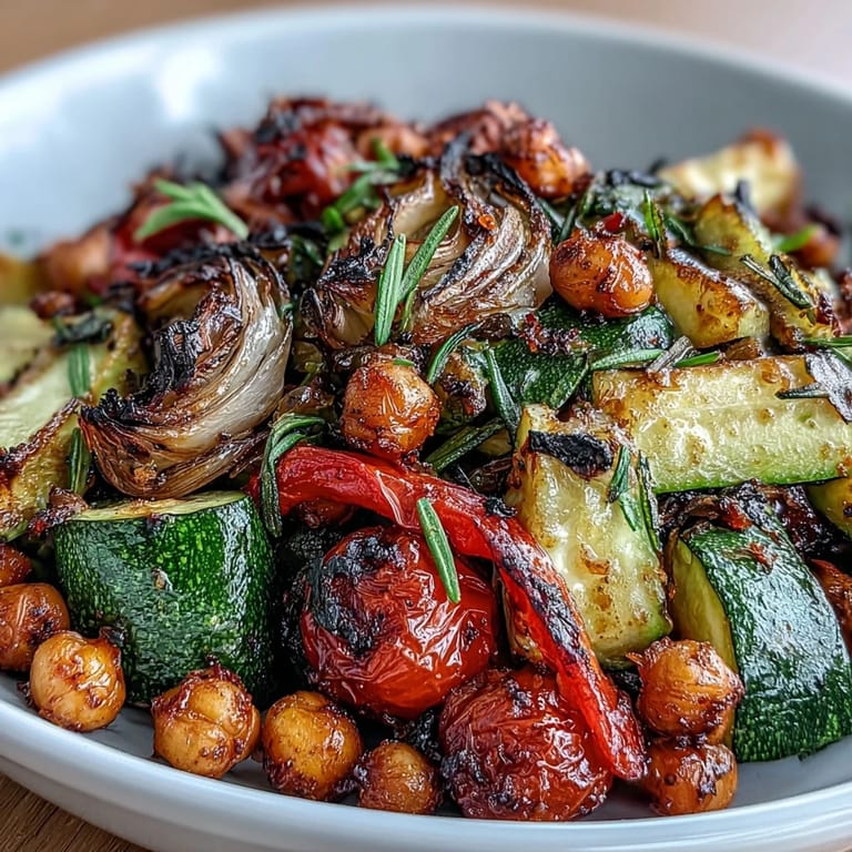 Bright and aromatic lemon garlic roasted vegetables with chickpeas, golden-brown and caramelized, perfect as a healthy vegan side dish.