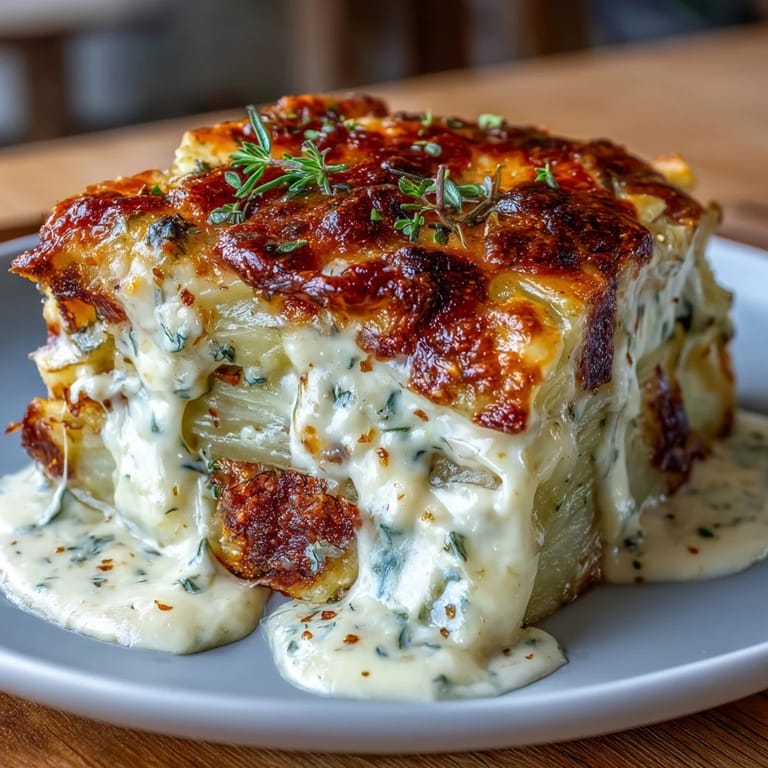 Rich, bubbling potato gratin with aromatic herbs, nutmeg, and golden cheese crust.  