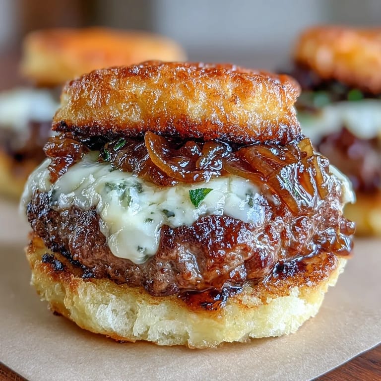 Flavor-Packed Mini Smash Burger Sliders with Caramelized Onions: Savory smashed beef patties layered with sweet caramelized onions and melted cheese, sandwiched in soft buns for a satisfying American classic.