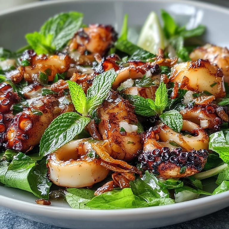 Zesty and aromatic chilli-lime squid salad with crisp vegetables, fresh coriander, and crunchy shallots, served on a bed of mixed greens.