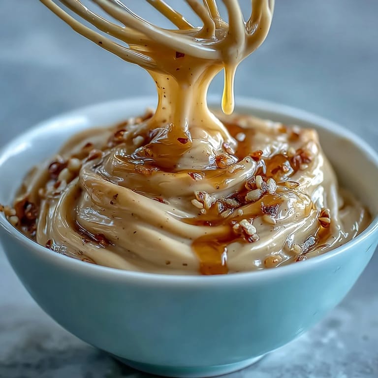 A bowl of rich, zesty tahini sauce made with lemon and garlic, perfect for grain bowls.  