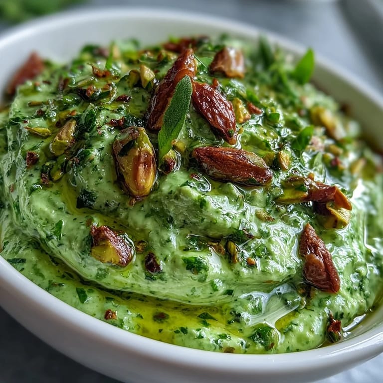 Homemade pistachio pesto spread on toasted crostini, topped with cherry tomatoes and a sprinkle of sea salt.