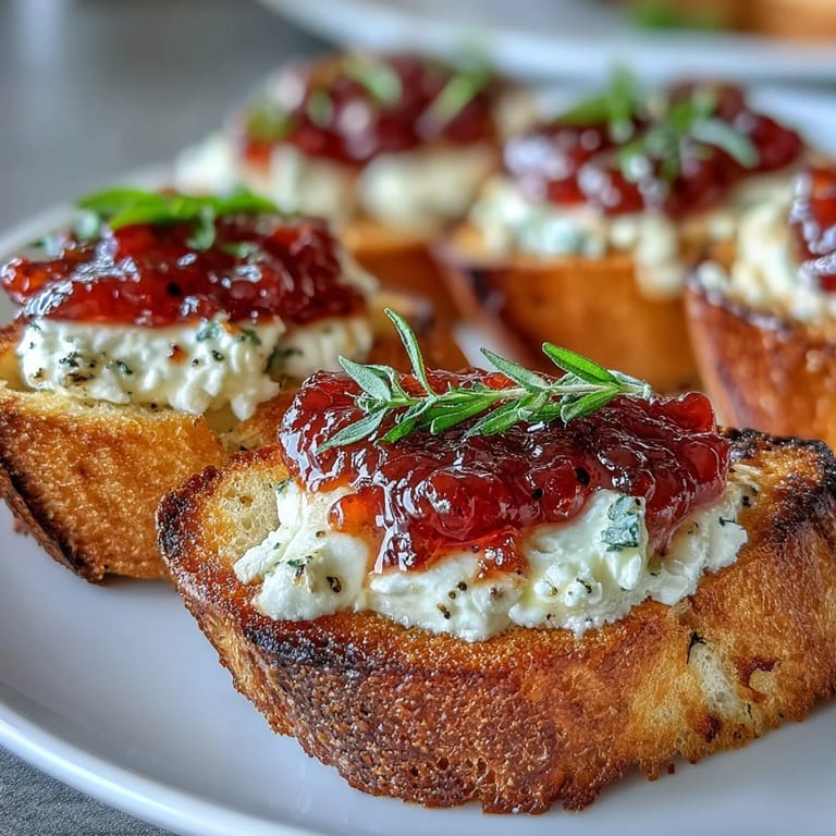 Golden bruschetta with smooth goat cheese and chili jam, garnished with fresh basil for an elegant bite.