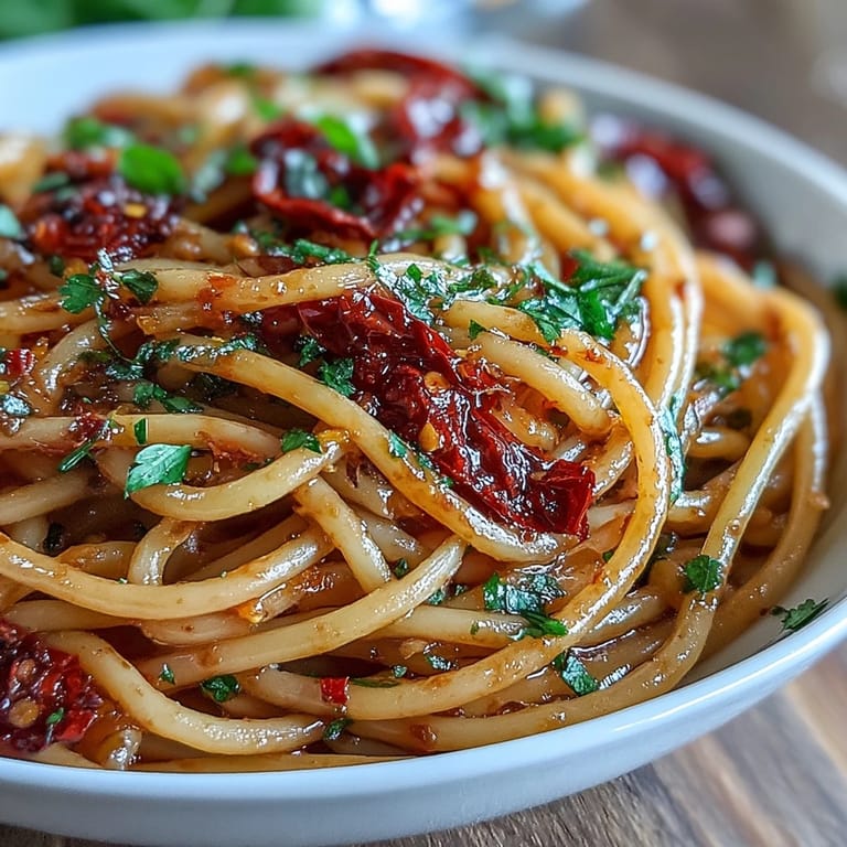 Aromatic garlic and anchovy-infused Calabrian chili pasta, showcasing bold southern Italian flavors in every bite.  