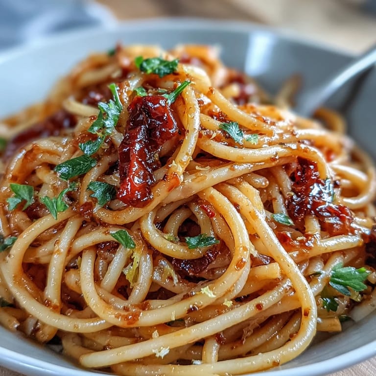 Fiery bucatini pasta tossed in spicy Calabrian chili oil, garnished with Pecorino Romano for a rich, savory finish.