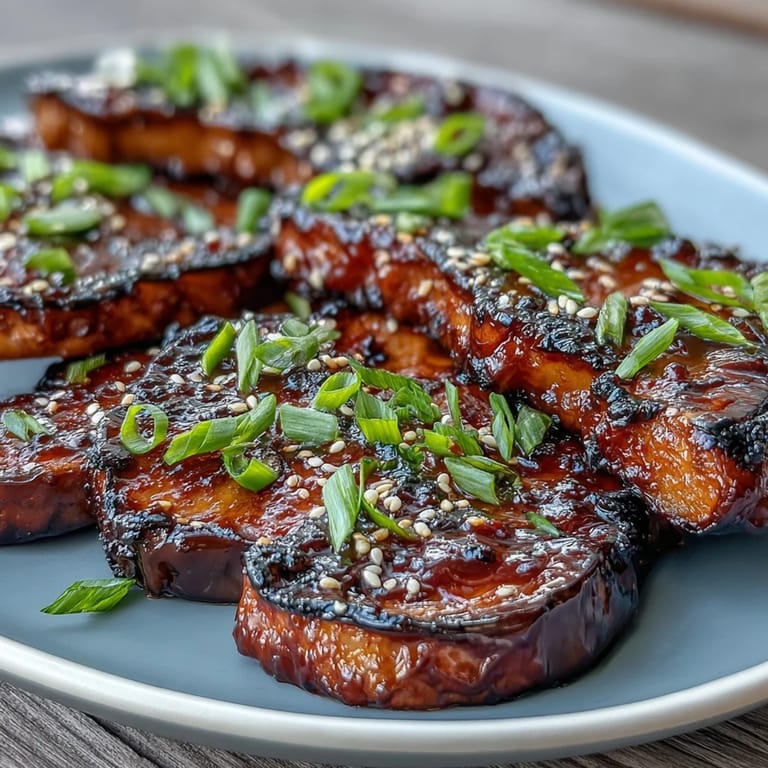 Silky roasted eggplant steaks brushed with sweet-savory miso glaze, topped with fresh herbs for a Japanese-inspired dish.