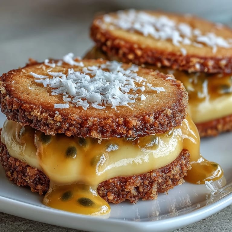 Buttery sugar cookies filled with tangy passionfruit curd, offering a bright and refreshing dessert experience.  