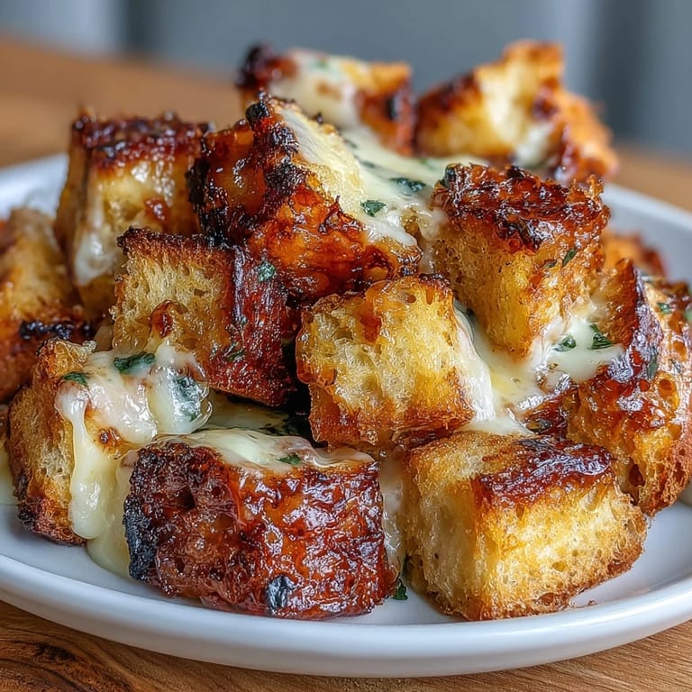 Crunchy sourdough cubes tossed in garlic and herbs, ready to elevate your French onion soup with savory texture.  